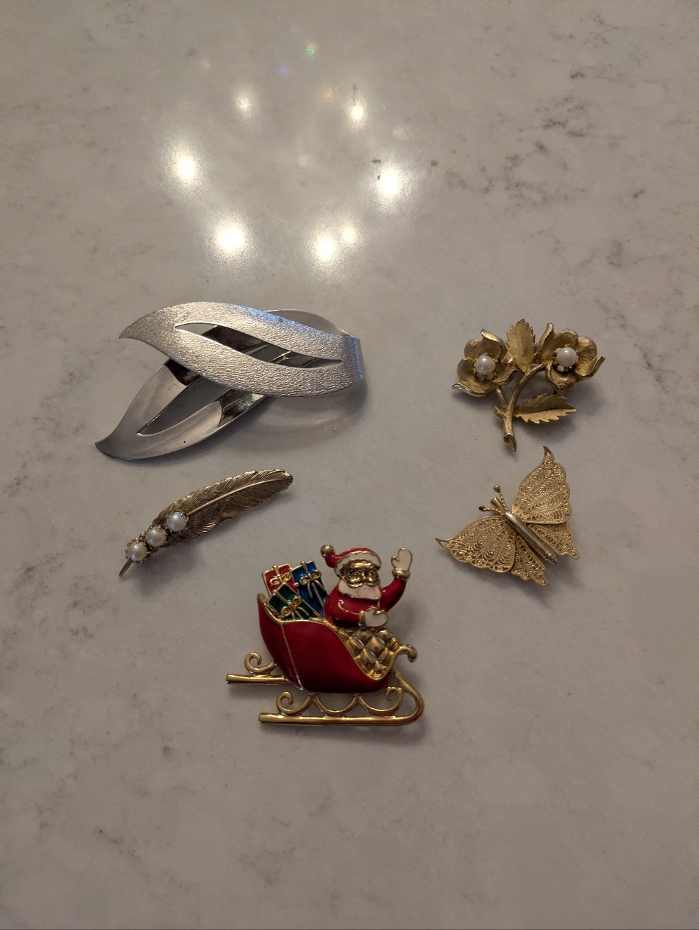 Festive Santa Sleigh Enamel Brooch with Gold Butterfly and Floral Pins Set Of 5